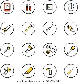 line vector icon set - parking sign vector, spoon and fork, safe, casting of steel, saw, mason hammer, chisel, work knife, screw, bolt, rivet, wood drill, Angular grinder, allen key, awl