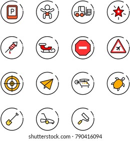 line vector icon set - parking sign vector, baby, fork loader, christmas star, firework rocket, sleigh, no way road, airport, target, paper fly, helicopter, sea turtle, shovel, lawn mower