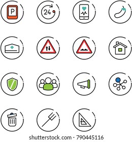 line vector icon set - parking sign vector, 24 hours, mobile heart monitor, eggplant, doctor hat, oncoming traffic road, rough, home, shield, group, speaker horn, molecule, trash bin, farm fork