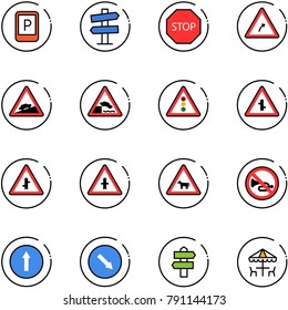 line vector icon set - parking sign vector, road signpost, stop, turn right, climb, embankment, traffic light, intersection, cow, no horn, only forward, detour, outdoor cafe
