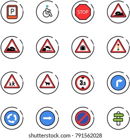 line vector icon set - parking sign vector, disabled, stop road, climb, steep descent, embankment, tunnel, traffic light, children, cow, limited height, only right, circle, no, signpost