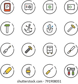 line vector icon set - parking sign vector, safe, work, anchor, casting of steel, hammer, chisel, screw, tool cabinet, rasp, knife, allen key set, awl, shovel fork toy