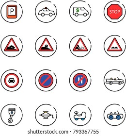 line vector icon set - parking sign vector, safety car, encashment, stop road, steep descent, roadside, gravel, rough, no, even, cabrio, piston, jack, baby, toy