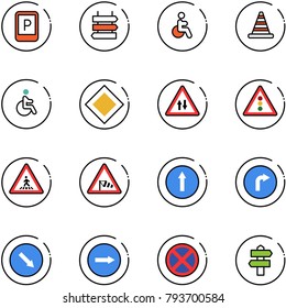 line vector icon set - parking sign vector, post, disabled, road cone, main, oncoming traffic, light, pedestrian, side wind, only forward, right, detour, no stop, signpost