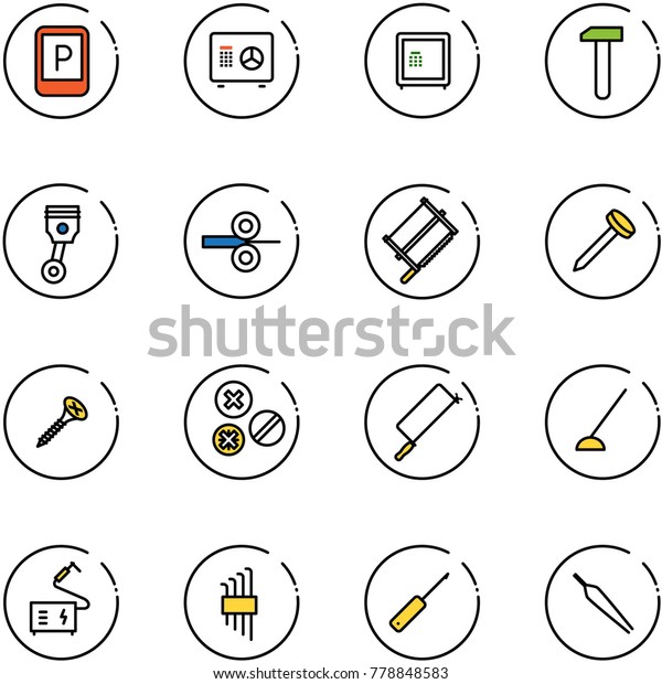 line vector icon set -\
parking sign vector, safe, work, piston, steel rolling, bucksaw,\
nail, screw, rivet, metal hacksaw, hoe, welding, allen key set,\
awl, forceps