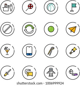 line vector icon set - passport control vector, lollipop, basketball ball, flag, no limit road sign, refresh, record, paper fly, drink, mobile phone, plumber, dowel, clinch, machine tool, robot