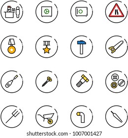 line vector icon set - passport control vector, safe, Road narrows sign, star medal, hammer, saw, chisel, screw, bolt, rivet, farm fork, wheelbarrow, allen key, forceps