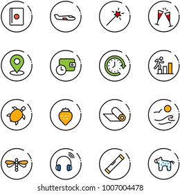 line vector icon set - passport vector, small plane, Magic wand, wine glasses, map pin, wallet time, clock around, career, sea turtle, strawberry, mat, waves, dragonfly, wireless headphones, level