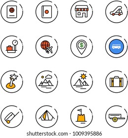 line vector icon set - passport vector, duty free, trap truck, baggage scales, plane globe, dollar pin, bus road sign, palm, mountains, pyramid, suitcase, tent, sand castle, trailer