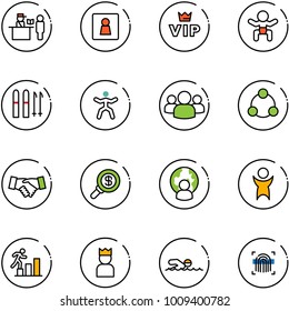 line vector icon set - passport control vector, female wc, vip, baby, ski, gymnastics, group, social, agreement, search money, man globe, success, career, king, swimming, fingerprint scanner