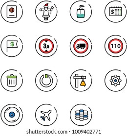 line vector icon set - passport vector, santa claus, liquid soap, finance calendar, dollar flag, limited height road sign, no truck, speed limit 110, trash bin, standby, ship bell, gear, cd, plane