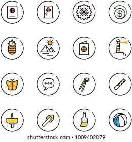 line vector icon set - passport vector, first aid room, firework, money back, pineapple, pyramid, lighthouse, butterfly, chat, plumber, drill, crown, tile, brush, basketball