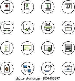 line vector icon set - passport vector, annual report, statistics, network folder, shared, printer, portfolio, document, schedule, certificate, agreement, data exchange, wireless, case
