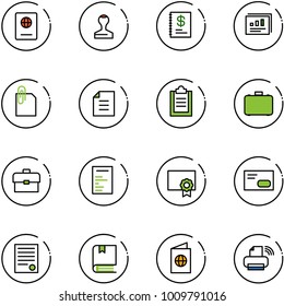 line vector icon set - passport vector, stamp, annual report, statistics, attachment, document, clipboard, case, portfolio, certificate, envelope, agreement, book, printer wireless