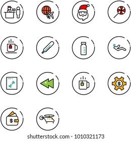 line vector icon set - passport control vector, plane globe, santa claus, lollipop, tea, thermometer, vial, abdominal muscles, x ray, fast backward, green, money managemet, finance management