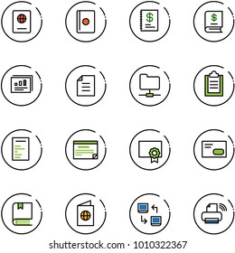 line vector icon set - passport vector, annual report, statistics, document, network folder, clipboard, schedule, certificate, envelope, book, data exchange, printer wireless