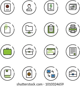 line vector icon set - passport vector, stamp, annual report, statistics, attachment, network folder, clipboard, printer, case, portfolio, schedule, agreement, book, data exchange