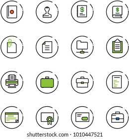 line vector icon set - passport vector, stamp, annual report, attachment, document, network folder, clipboard, printer, case, portfolio, schedule, certificate, envelope