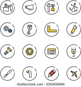 line vector icon set - passport control vector, loudspeaker, ship bell, anchor, gear, piston, corner ruler, wrench, bolt, nut, generator, winch, rasp, allen key, marker, bow