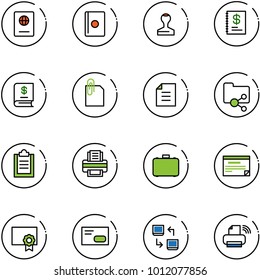 line vector icon set - passport vector, stamp, annual report, attachment, document, shared folder, clipboard, printer, case, schedule, certificate, envelope, data exchange, wireless