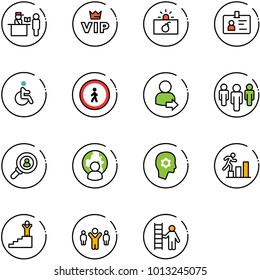 line vector icon set - passport control vector, vip, terrorism, identity, disabled, no pedestrian road sign, user login, group, head hunter, man globe, brain work, career, success, team leader