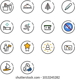 line vector icon set - passport control vector, client bell, christmas tree, thermometer, hospital bed, run, receipt, end minimal speed limit road sign, win, star medal, man, photo, windsurfing