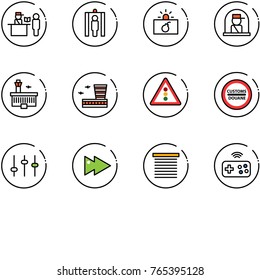 line vector icon set - passport control vector, metal detector gate, terrorism, officer window, airport building, traffic light road sign, customs, settings, fast forward, jalousie