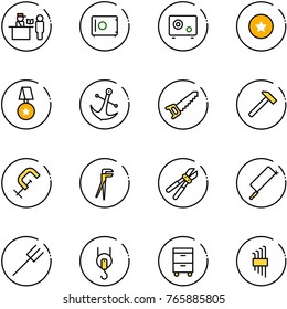 line vector icon set - passport control vector, safe, star medal, anchor, saw, hammer, clamp, plumber, bolt cutter, metal hacksaw, farm fork, winch, tool cabinet, allen key set