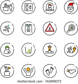 line vector icon set - passport control vector, elevator, officer window, santa claus, run, pull ups, pedestrian road sign, head hunter, manager, garbage, winner, career, win, success, feet