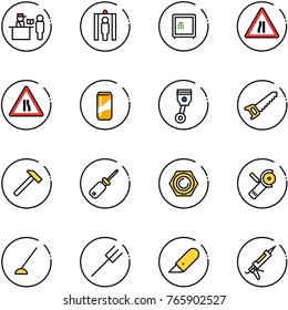 line vector icon set - passport control vector, metal detector gate, safe, Road narrows sign, drink, piston, saw, hammer, screwdriver, nut, Angular grinder, hoe, farm fork, work knife, gun sealant