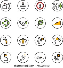 line vector icon set - passport control vector, recieptionist, no pedestrian road sign, group, friends, agreement, search money, stairs, world, team leader, win, success, king, flying man, swimming
