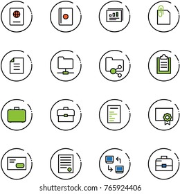line vector icon set - passport vector, statistics report, attachment, document, network folder, shared, clipboard, case, portfolio, certificate, envelope, agreement, data exchange