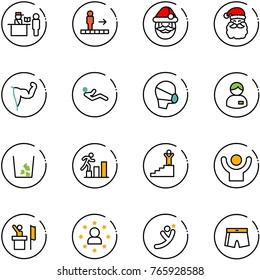 line vector icon set - passport control vector, travolator, santa claus, power hand, abdominal muscles, medical mask, manager, garbage, career, success, speaker, star man, flying, swimsuit