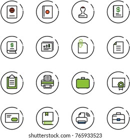 line vector icon set - passport vector, stamp, annual report, statistics, attachment, document, clipboard, printer, case, certificate, envelope, book, wireless