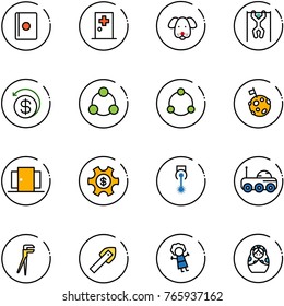line vector icon set - passport vector, first aid room, dog, pull ups, money back, social, community, moon flag, doors, managemet, laser, rover, plumber, tile drill, doll, russian