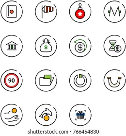 line vector icon set - passport vector, side wind, christmas ball, monero, bank, money bag, back, account history, speed limit 90 road sign, folder, standby, luck, waves, dolphin