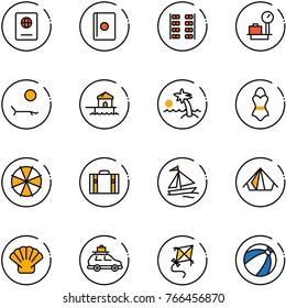 line vector icon set - passport vector, plane seats, baggage scales, lounger, bungalow, palm, swimsuit, parasol, suitcase, sail boat, tent, shell, car, kite, beach ball