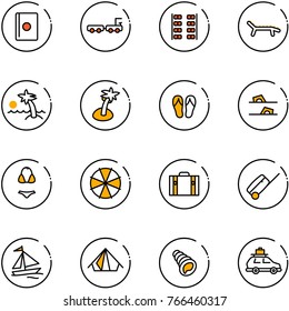 line vector icon set - passport vector, baggage truck, plane seats, lounger, palm, flip flops, swimsuit, parasol, suitcase, sail boat, tent, shell, car