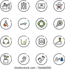 line vector icon set - passport control vector, metal detector gate, credit card, baby, disabled, push ups, friends, head hunter, community, garbage, contact book, success, win, flying man, feet