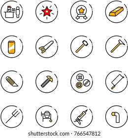 line vector icon set - passport control vector, christmas star, medal, gold, drink, saw, sledgehammer, mason hammer, work knife, screw, rivet, metal hacksaw, farm fork, cocncrete mixer, gun sealant