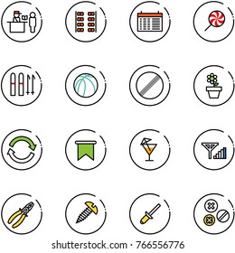 line vector icon set - passport control vector, plane seats, schedule, lollipop, ski, basketball ball, no limit road sign, flower pot, refresh, flag, drink, fine signal, pliers, screw, clinch, rivet