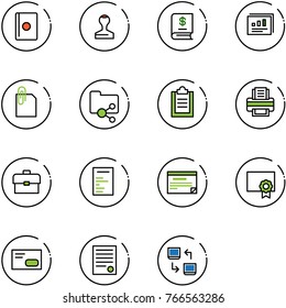line vector icon set - passport vector, stamp, annual report, statistics, attachment, shared folder, clipboard, printer, portfolio, document, schedule, certificate, envelope, agreement