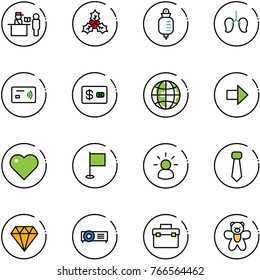 line vector icon set - passport control vector, holly, drop counter, lungs, tap pay, credit card, globe, right arrow, heart, flag, idea, tie, diamond, projector, tool box, bear toy