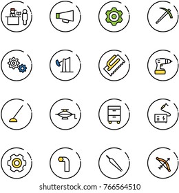 line vector icon set - passport control vector, loudspeaker, gear, job, oil derrick, trowel, drill, hoe, jack, tool cabinet, welding, allen key, forceps, bow