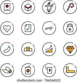 line vector icon set - passport vector, gift, santa claus, lollipop, heart pulse, patient card, push ups, weight, eggplant, pedestal, rise, diamond, mat, power bank, corner ruler