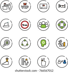 line vector icon set - passport control vector, vip, credit card, hotel, treadmill, no cart horse road sign, group, friends, head hunter, community, brain work, career, success, opportunity, victory