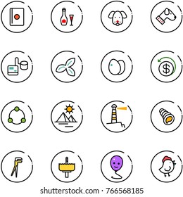 line vector icon set - passport vector, wine, dog, tonometer, three leafs, eggs, money back, community, pyramid, lighthouse, shell, plumber, crown drill, balloon smile, chicken toy