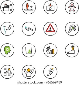 line vector icon set - passport control vector, travolator, terrorism, cake man, power hand, abdominal muscles, pedestrian road sign, head hunter, brain work, garbage, career, success, opportunity