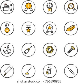 line vector icon set - passport control vector, gold medal, star, anchor, screwdriver, nut, screw, metal hacksaw, hoe, winch, forceps