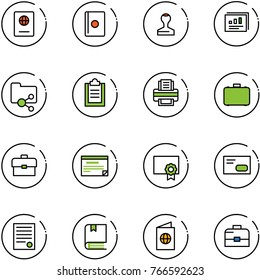 line vector icon set - passport vector, stamp, statistics report, shared folder, clipboard, printer, case, portfolio, schedule, certificate, envelope, agreement, book